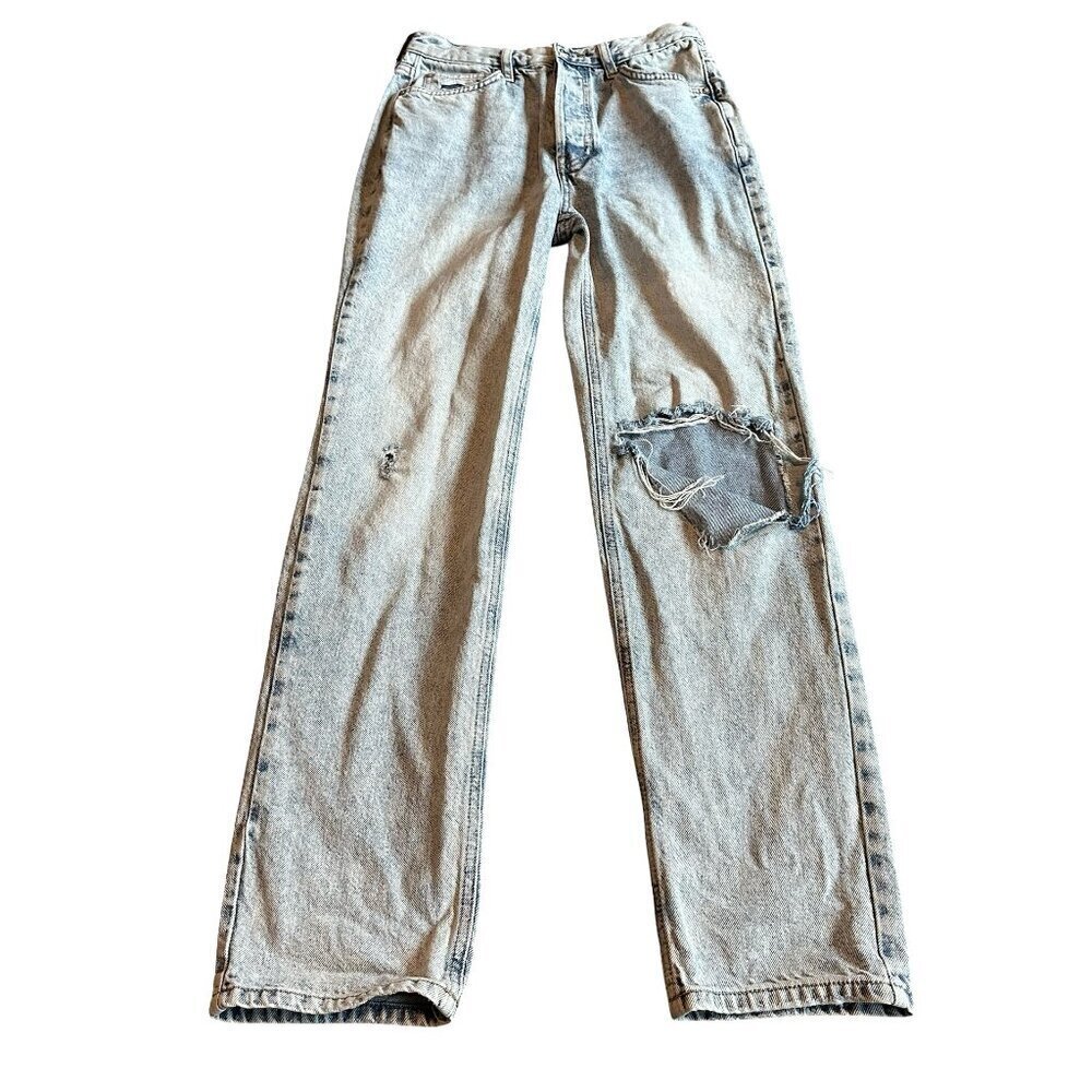 We The Free High Rise Straight Leg Jeans Loose Fit Distressed Light Denim Sz 26